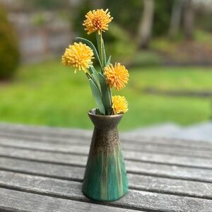 Glazed stoneware ceramic art pottery mini vase green, brown, gold drip glaze